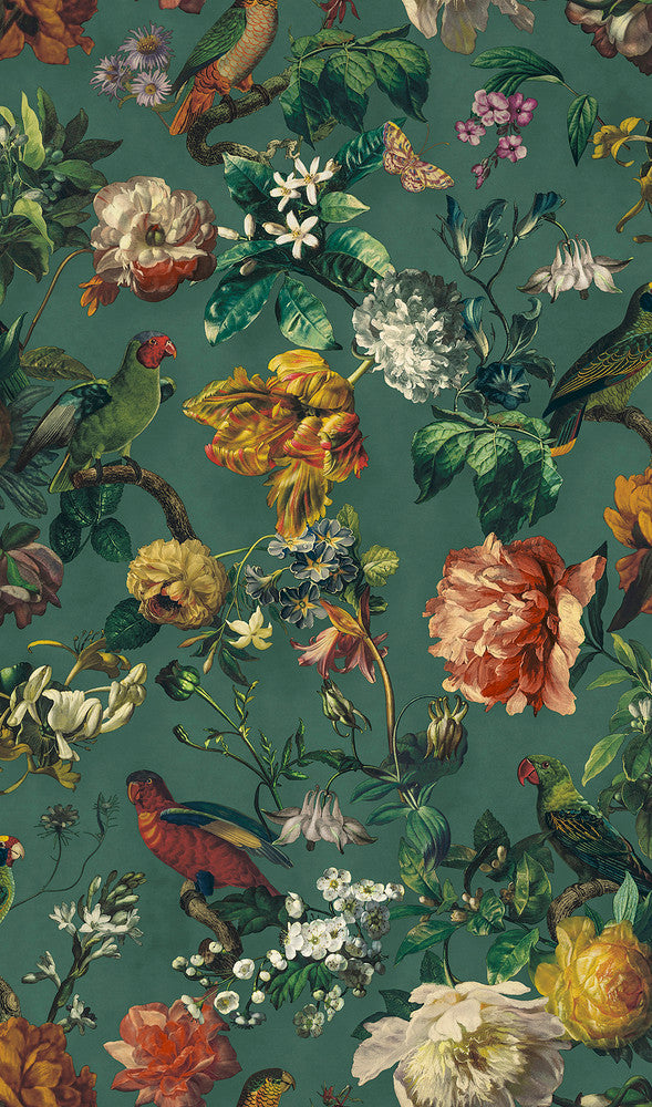 Claude Teal Floral Wallpaper by Eijffinger Museum Covers about 56.4 square feet 20.5-in by 33-ft long roll Unpasted 35.5 - Fabric Carolina -