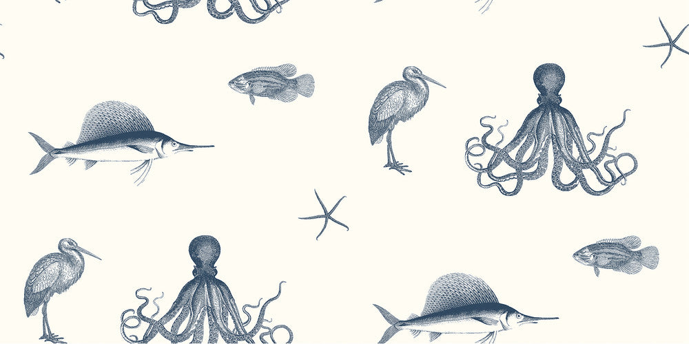 Oceania Navy Sea Creature Wallpaper by Chesapeake Seaside Living Covers about 56.4 square feet 20.5-in by 33-ft long roll Prepasted 20.5 - Fabric Carolina -