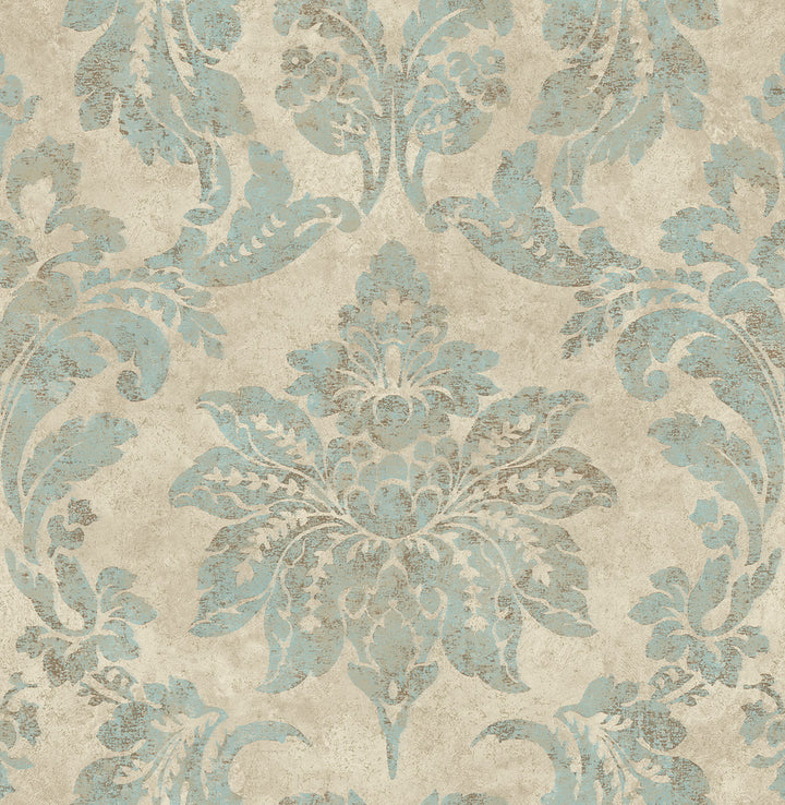 Astor Turquoise Damask Wallpaper by Chesapeake Manhattan Club Covers about 56.4 square feet 20.5-in by 33-ft long roll Unpasted 21 - Fabric Carolina -