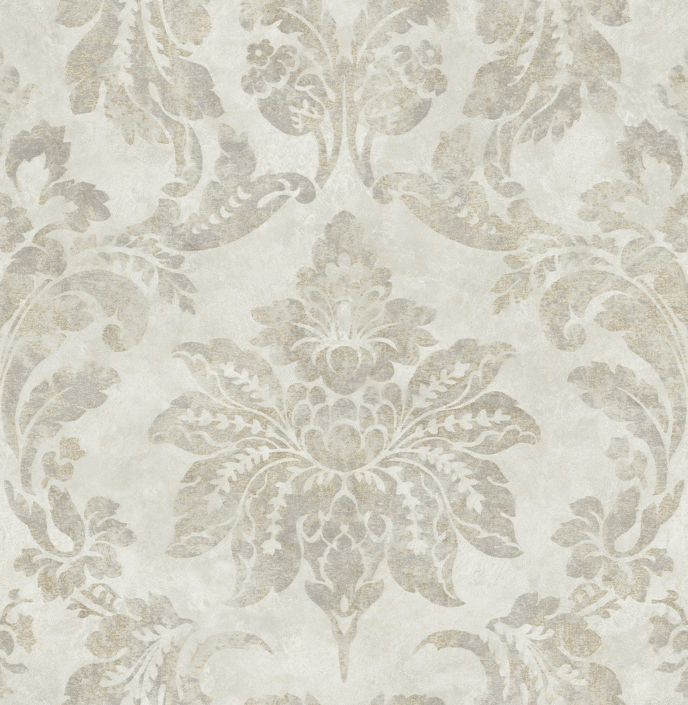 Astor Silver Damask Wallpaper by Chesapeake Manhattan Club Covers about 56.4 square feet 20.5-in by 33-ft long roll Unpasted 21 - Fabric Carolina -