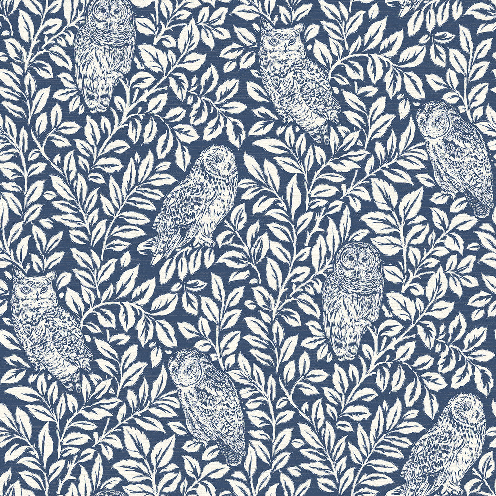 Parliament Navy Owl Wallpaper by Chesapeake Farmhouse Covers about 56.4 square feet 20.5-in by 33-ft long roll Prepasted 20.9 - Fabric Carolina -