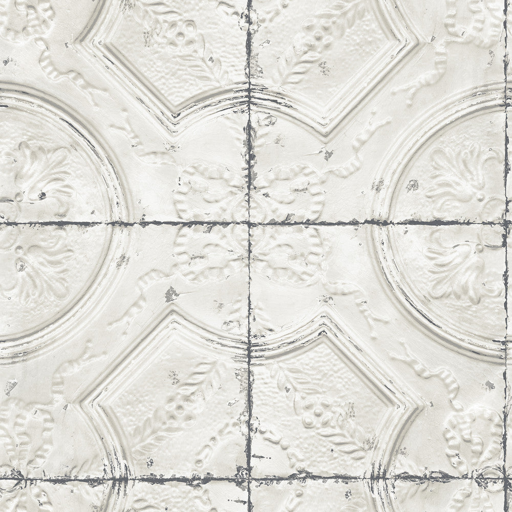 Susanna Off White Vintage Tin Tile Wallpaper by Chesapeake Farmhouse Covers about 56.4 square feet 20.5-in by 33-ft long roll Prepasted 20.9 - Fabric Carolina -