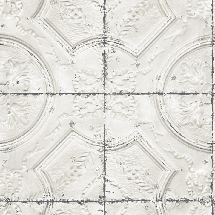 Susanna Off White Vintage Tin Tile Wallpaper by Chesapeake Farmhouse Covers about 56.4 square feet 20.5-in by 33-ft long roll Prepasted 20.9 - Fabric Carolina -
