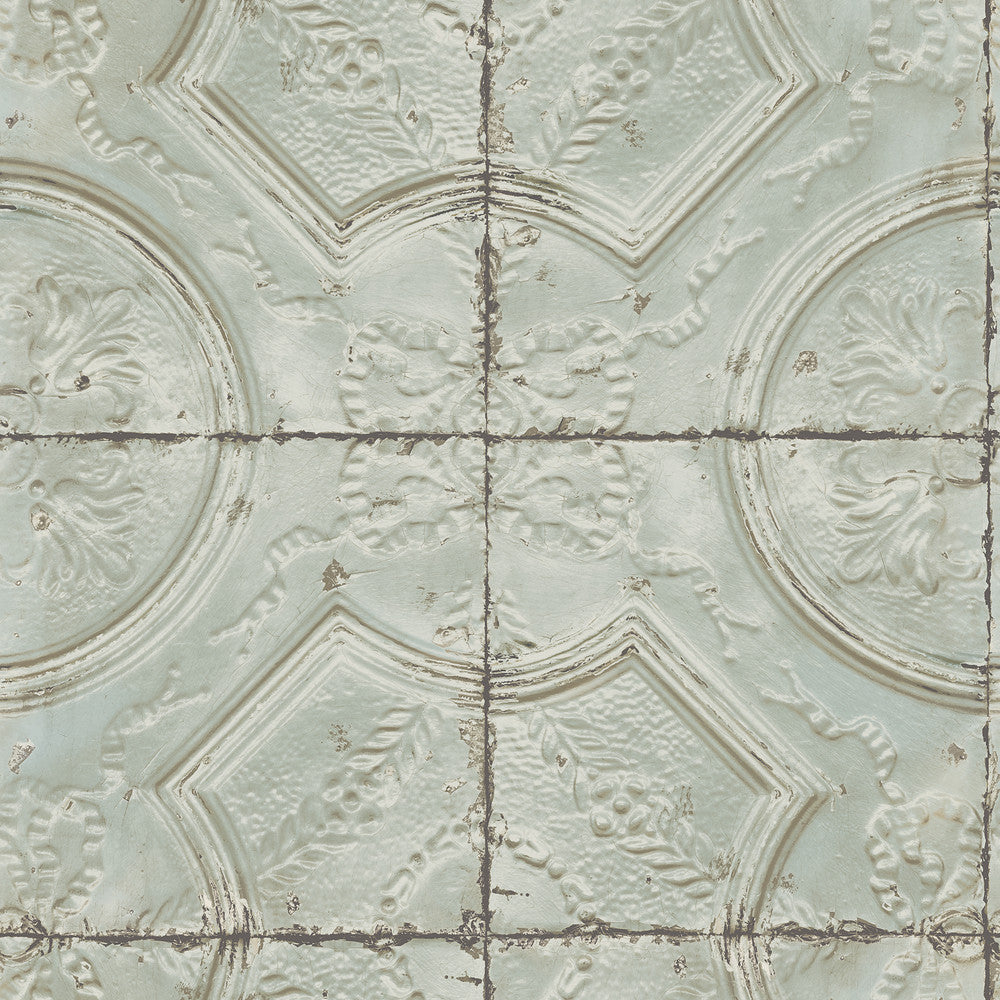 Susanna Teal Vintage Tin Tile Wallpaper by Chesapeake Farmhouse Covers about 56.4 square feet 20.5-in by 33-ft long roll Prepasted 20.9 - Fabric Carolina -