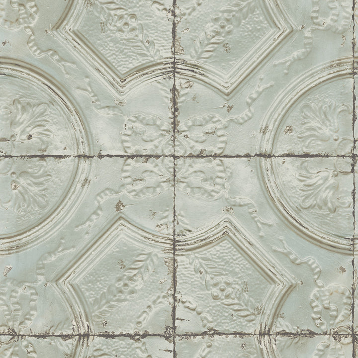 Susanna Teal Vintage Tin Tile Wallpaper by Chesapeake Farmhouse Covers about 56.4 square feet 20.5-in by 33-ft long roll Prepasted 20.9 - Fabric Carolina -