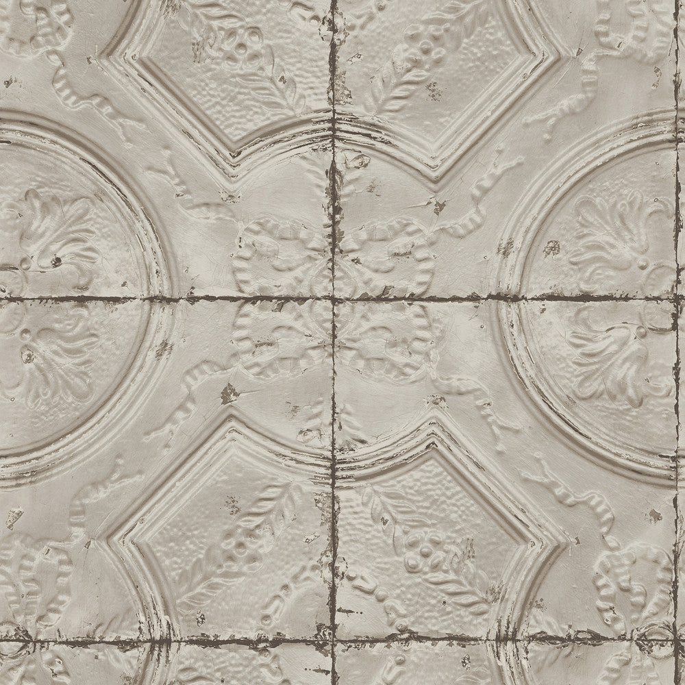 Susanna Taupe Vintage Tin Tile Wallpaper by Chesapeake Farmhouse Covers about 56.4 square feet 20.5-in by 33-ft long roll Prepasted 20.9 - Fabric Carolina -