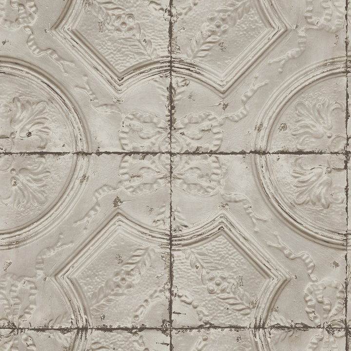Susanna Taupe Vintage Tin Tile Wallpaper by Chesapeake Farmhouse Covers about 56.4 square feet 20.5-in by 33-ft long roll Prepasted 20.9 - Fabric Carolina -