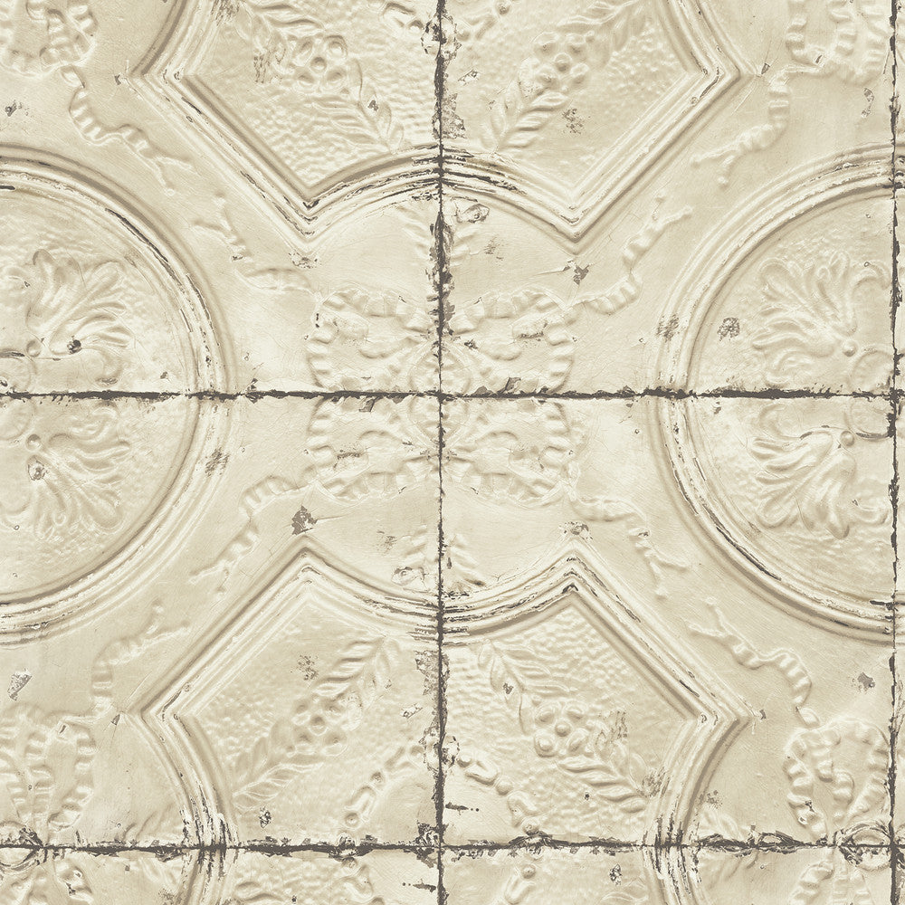 Susanna Beige Vintage Tin Tile Wallpaper by Chesapeake Farmhouse Covers about 56.4 square feet 20.5-in by 33-ft long roll Prepasted 20.9 - Fabric Carolina -