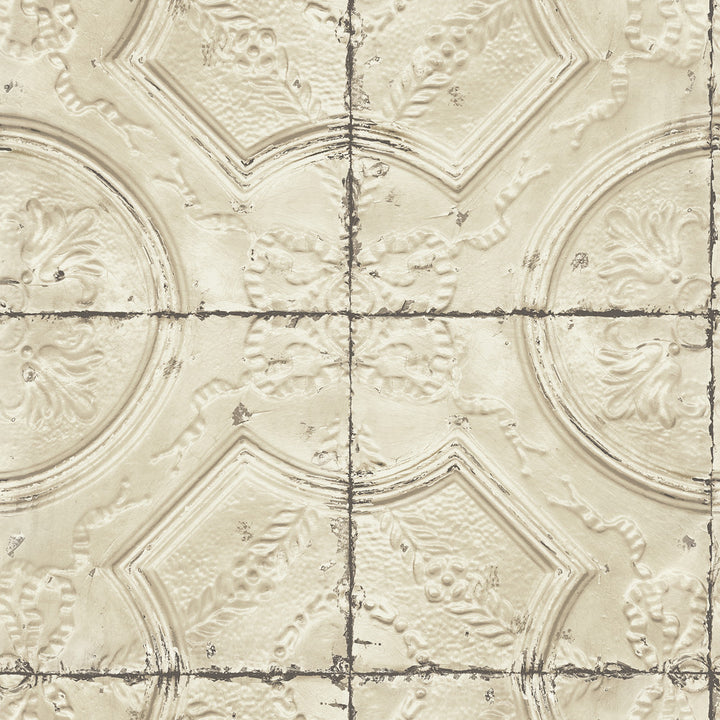 Susanna Beige Vintage Tin Tile Wallpaper by Chesapeake Farmhouse Covers about 56.4 square feet 20.5-in by 33-ft long roll Prepasted 20.9 - Fabric Carolina -