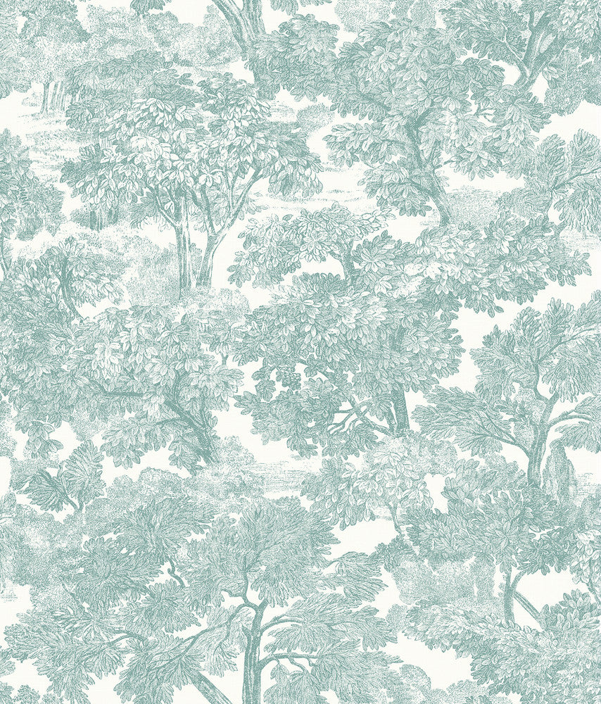 Spinney Teal Toile Wallpaper by Chesapeake Farmhouse Covers about 56.4 square feet 20.5-in by 33-ft long roll Prepasted 24 - Fabric Carolina -