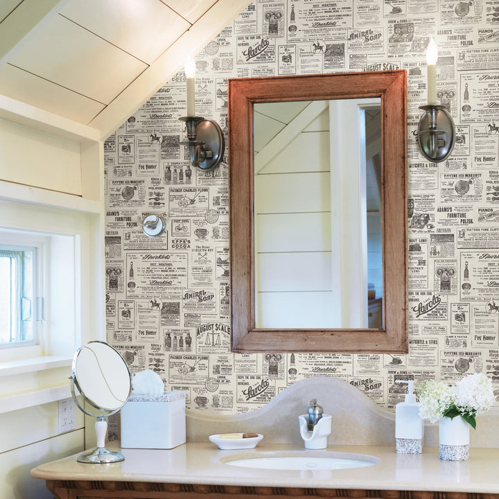 Adamstown Black Newspaper Wallpaper by Chesapeake Designer