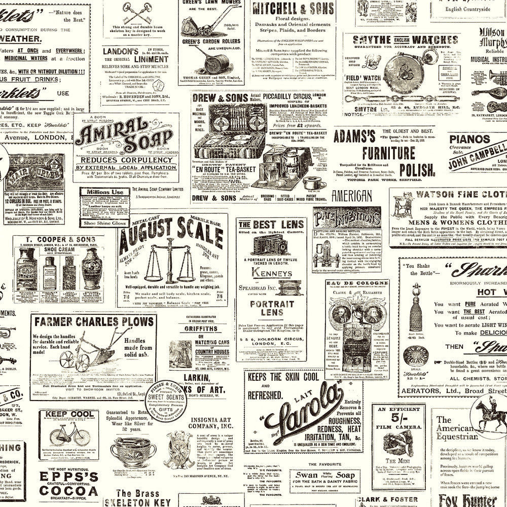 Adamstown Black Newspaper Wallpaper by Chesapeake Farmhouse Covers about 56.4 square feet 20.5-in by 33-ft long roll Prepasted 20.9 - Fabric Carolina -
