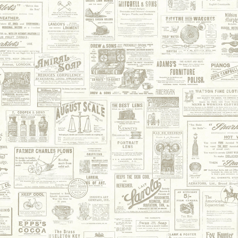 Adamstown Cream Newspaper Wallpaper by Chesapeake Farmhouse Covers about 56.4 square feet 20.5-in by 33-ft long roll Prepasted 20.9 - Fabric Carolina -