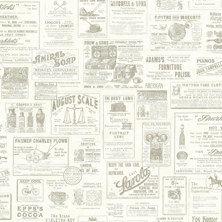Adamstown Cream Newspaper Wallpaper by Chesapeake Farmhouse Covers about 56.4 square feet 20.5-in by 33-ft long roll Prepasted 20.9 - Fabric Carolina -
