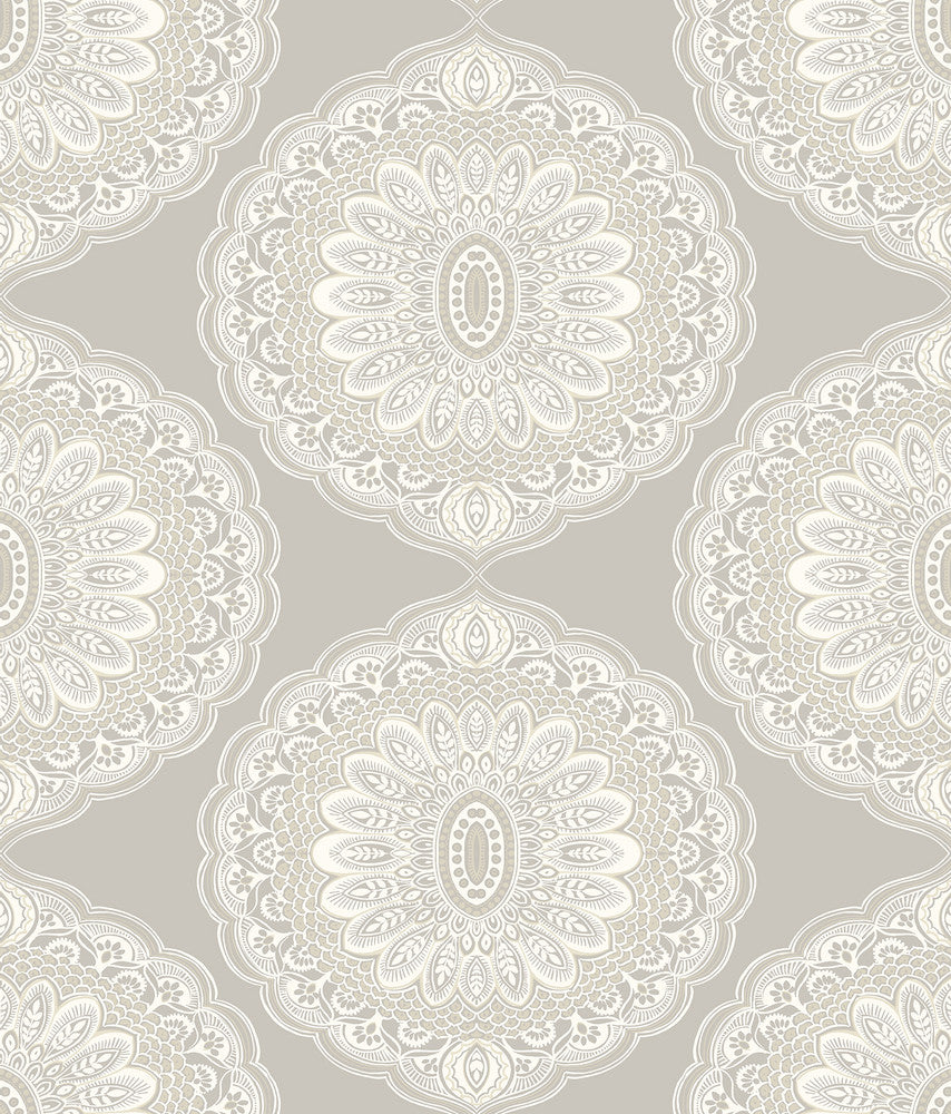 Bolinas Grey Medallion Wallpaper by Chesapeake The Vineyard Covers about 56.4 square feet 20.5-in by 33-ft long roll Prepasted 24 - Fabric Carolina -