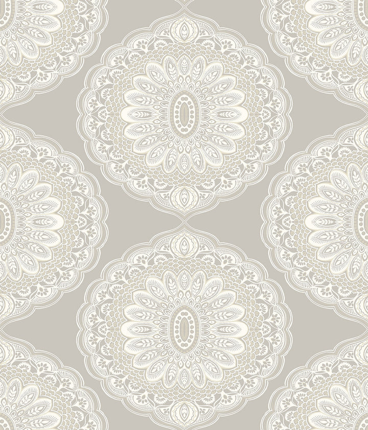 Bolinas Grey Medallion Wallpaper by Chesapeake The Vineyard Covers about 56.4 square feet 20.5-in by 33-ft long roll Prepasted 24 - Fabric Carolina -