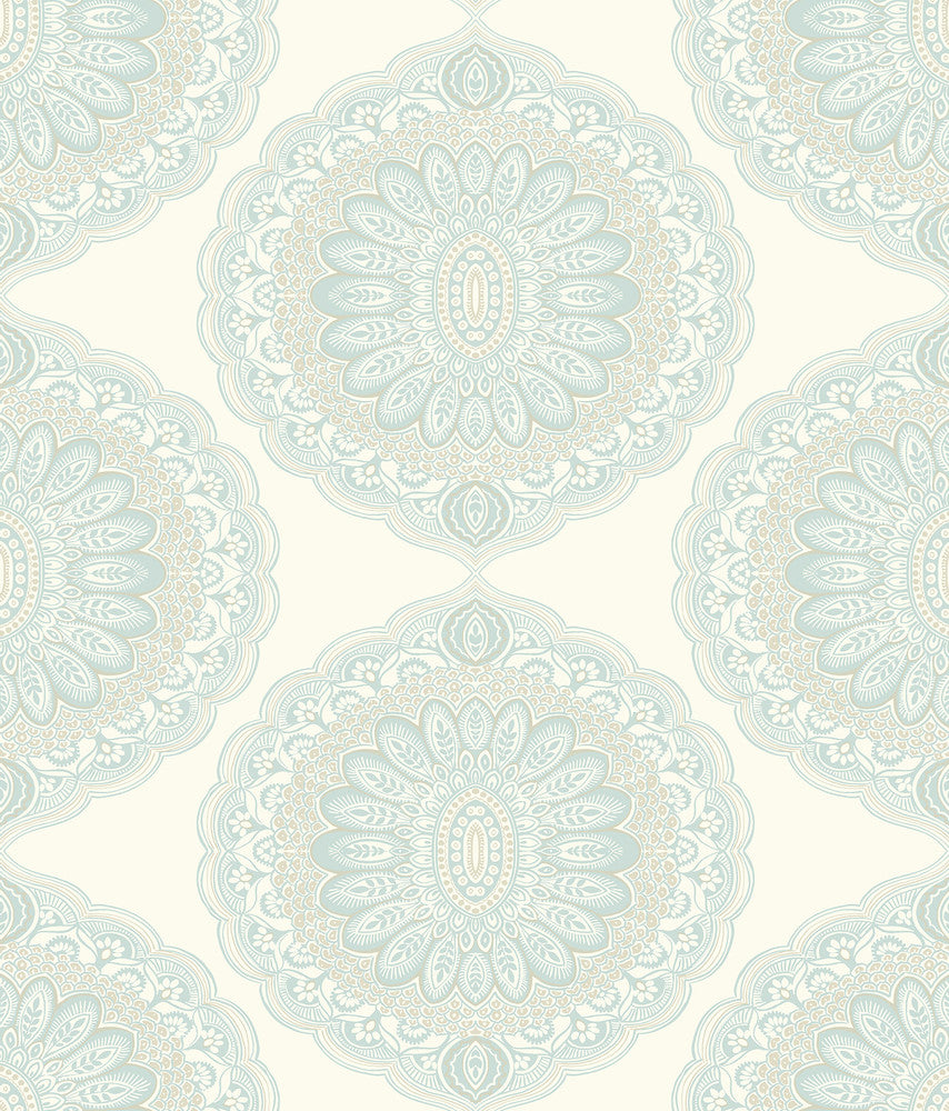 Bolinas Aquamarine Medallion Wallpaper by Chesapeake The Vineyard Covers about 56.4 square feet 20.5-in by 33-ft long roll Prepasted 24 - Fabric Carolina -