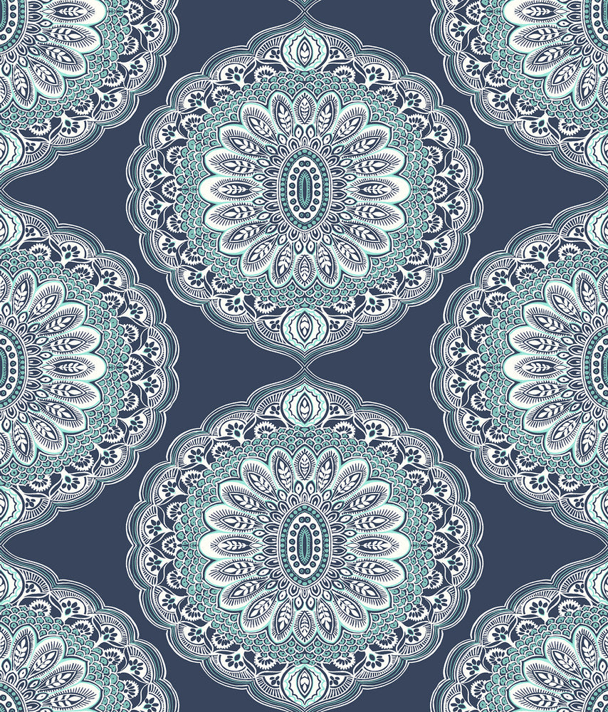 Bolinas Navy Medallion Wallpaper by Chesapeake The Vineyard Covers about 56.4 square feet 20.5-in by 33-ft long roll Prepasted 24 - Fabric Carolina -