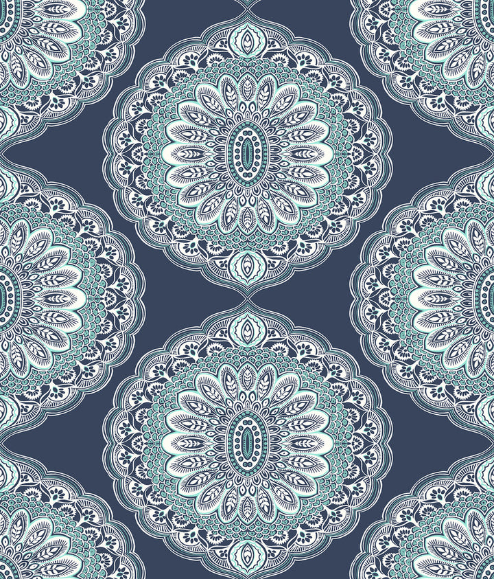 Bolinas Navy Medallion Wallpaper by Chesapeake The Vineyard Covers about 56.4 square feet 20.5-in by 33-ft long roll Prepasted 24 - Fabric Carolina -