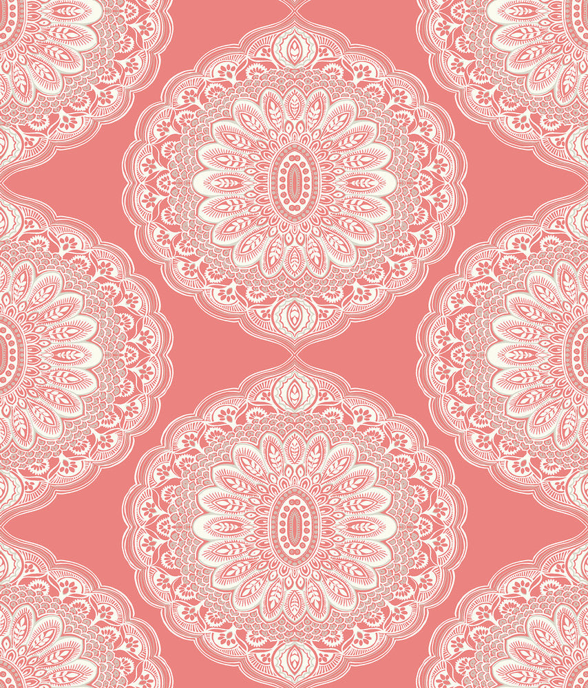 Bolinas Coral Medallion Wallpaper by Chesapeake The Vineyard Covers about 56.4 square feet 20.5-in by 33-ft long roll Prepasted 25 - Fabric Carolina -