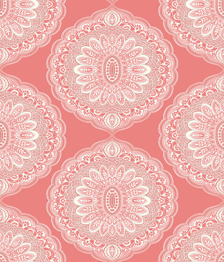 Bolinas Coral Medallion Wallpaper by Chesapeake The Vineyard Covers about 56.4 square feet 20.5-in by 33-ft long roll Prepasted 25 - Fabric Carolina -
