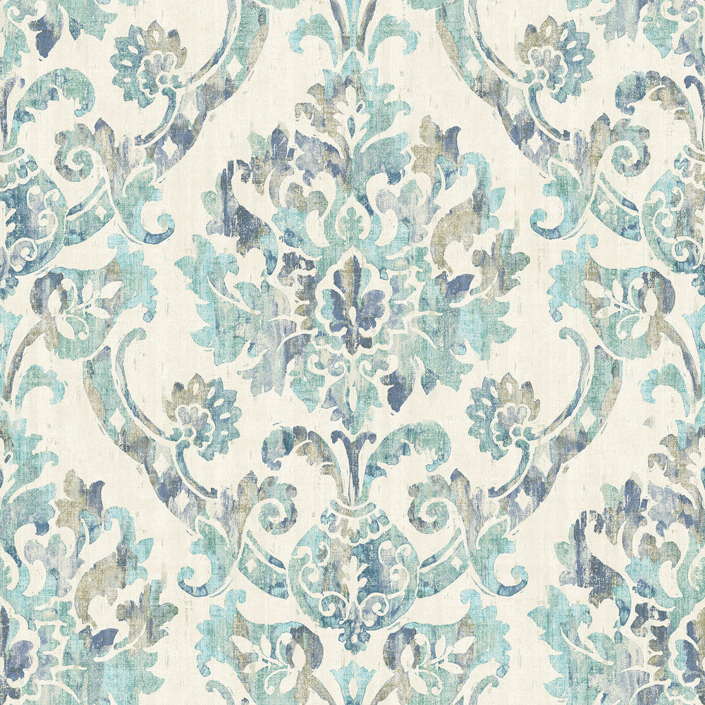 Shasta Teal Damask Wallpaper by Chesapeake The Vineyard Covers about 56.4 square feet 20.5-in by 33-ft long roll Prepasted 20.5 - Fabric Carolina -