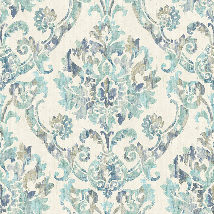 Shasta Teal Damask Wallpaper by Chesapeake The Vineyard Covers about 56.4 square feet 20.5-in by 33-ft long roll Prepasted 20.5 - Fabric Carolina -