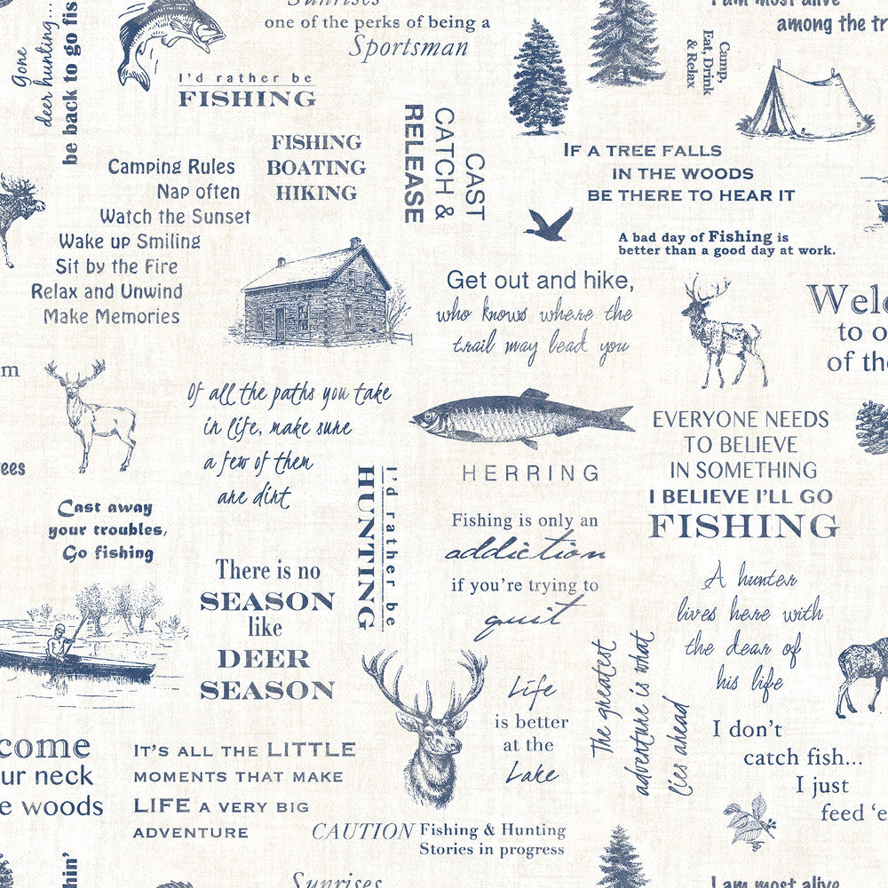 North Navy Camping Quotes Wallpaper by Chesapeake Birch & Sparrow Covers about 56.4 square feet 20.5-in by 33-ft long roll Prepasted 20.5 - Fabric Carolina -