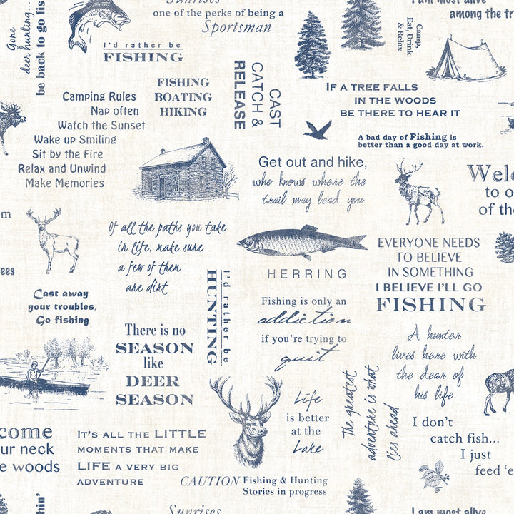 North Navy Camping Quotes Wallpaper by Chesapeake Birch & Sparrow Covers about 56.4 square feet 20.5-in by 33-ft long roll Prepasted 20.5 - Fabric Carolina -