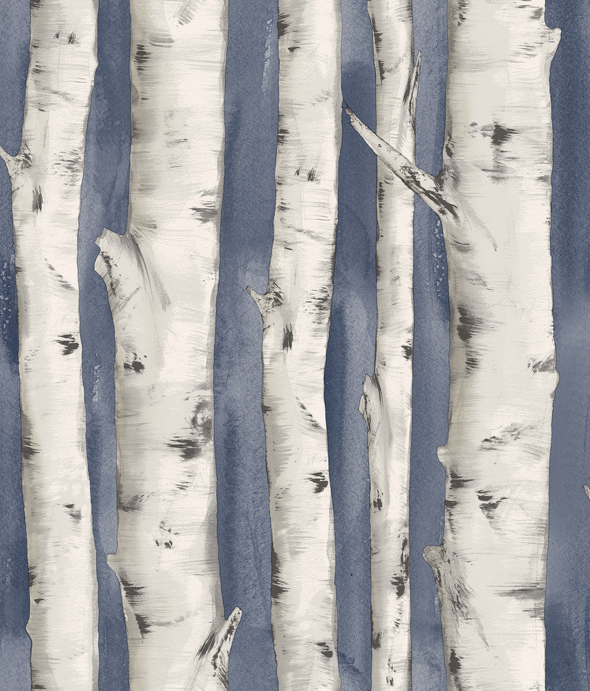 Pioneer Denim Birch Tree Wallpaper by Chesapeake Birch & Sparrow Covers about 56.4 square feet 20.5-in by 33-ft long roll Prepasted 24 - Fabric Carolina -
