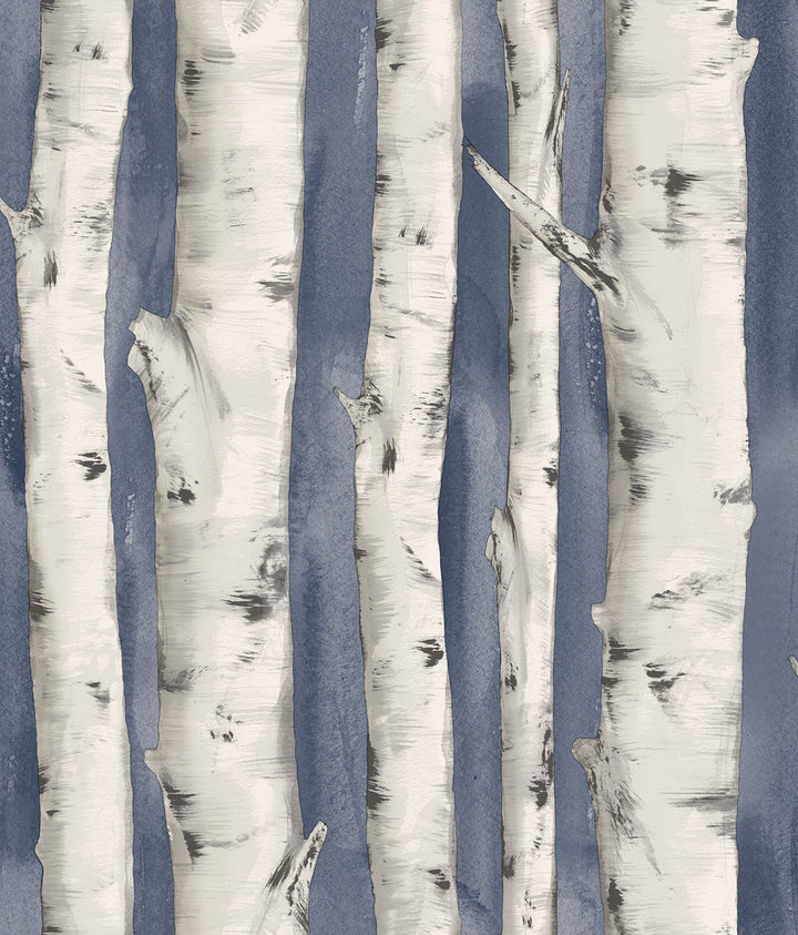 Pioneer Denim Birch Tree Wallpaper by Chesapeake Birch & Sparrow Covers about 56.4 square feet 20.5-in by 33-ft long roll Prepasted 24 - Fabric Carolina -