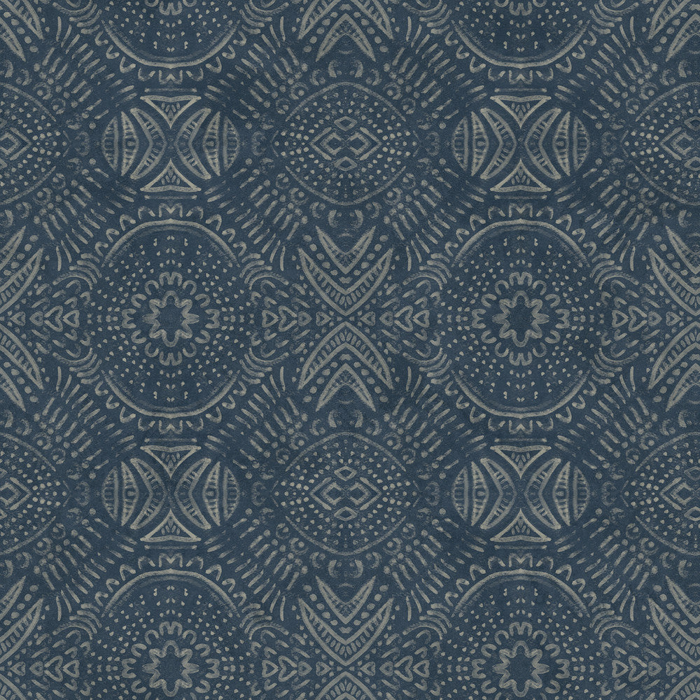 Java Navy Medallion Wallpaper by Chesapeake Birch & Sparrow Covers about 56.4 square feet 20.5-in by 33-ft long roll Prepasted 20.5 - Fabric Carolina -