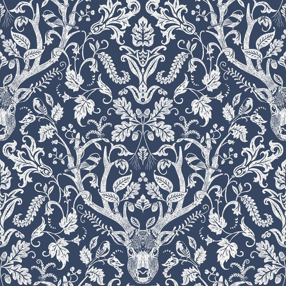 Kiwassa Navy Antler Damask Wallpaper by Chesapeake Birch & Sparrow Covers about 56.4 square feet 20.5-in by 33-ft long roll Prepasted 20.5 - Fabric Carolina -
