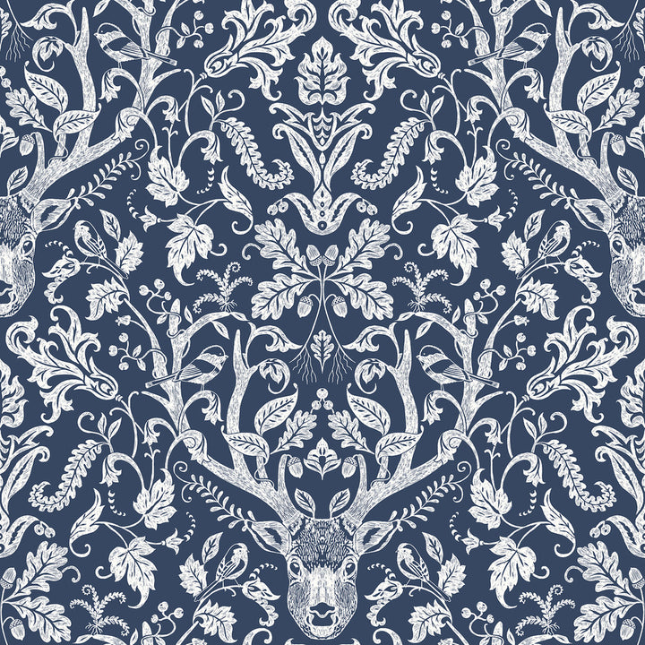 Kiwassa Navy Antler Damask Wallpaper by Chesapeake Birch & Sparrow Covers about 56.4 square feet 20.5-in by 33-ft long roll Prepasted 20.5 - Fabric Carolina -