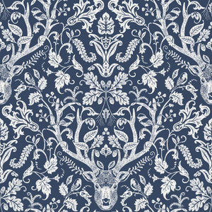 Kiwassa Navy Antler Damask Wallpaper by Chesapeake