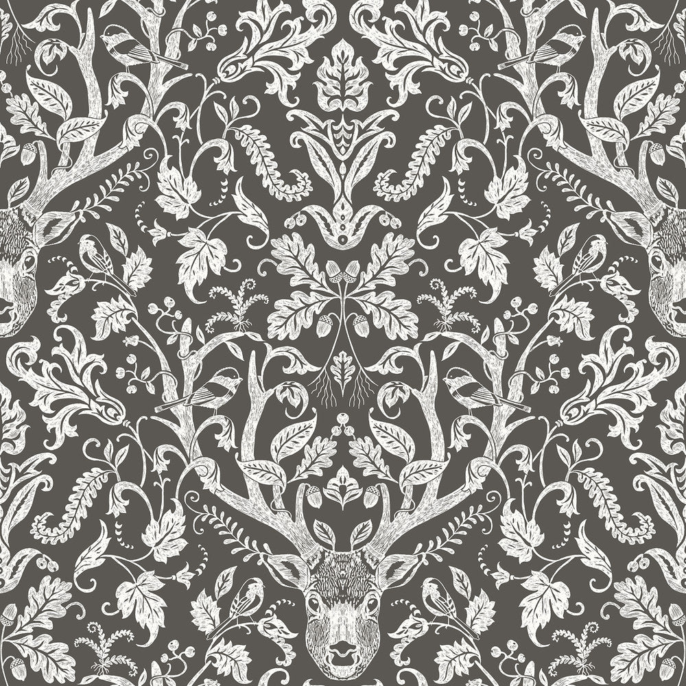 Kiwassa Brown Antler Damask Wallpaper by Chesapeake Birch & Sparrow Covers about 56.4 square feet 20.5-in by 33-ft long roll Prepasted 20.5 - Fabric Carolina -