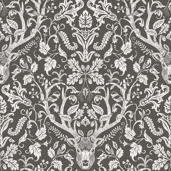 Kiwassa Brown Antler Damask Wallpaper by Chesapeake Birch & Sparrow Covers about 56.4 square feet 20.5-in by 33-ft long roll Prepasted 20.5 - Fabric Carolina -