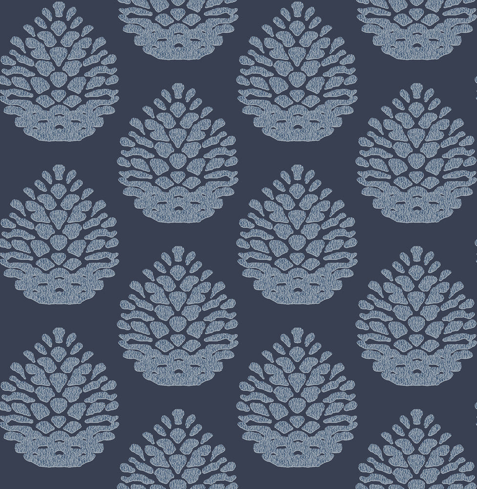 Totem Blue Pinecone Wallpaper by Chesapeake Birch & Sparrow Covers about 56.4 square feet Great Britain Unpasted 6.9-in repeat, straight match 20.5-in by 33-ft long roll - Fabric Carolina -