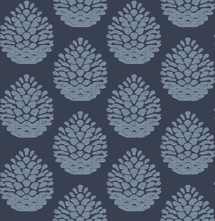 Totem Blue Pinecone Wallpaper by Chesapeake Birch & Sparrow Covers about 56.4 square feet Great Britain Unpasted 6.9-in repeat, straight match 20.5-in by 33-ft long roll - Fabric Carolina -