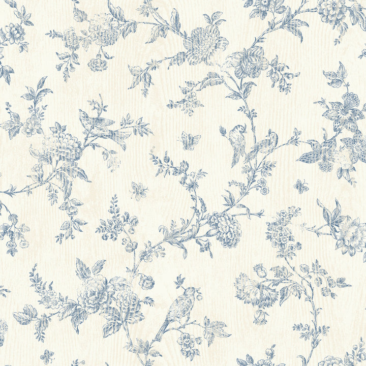 French Nightingale Blue Floral Scroll Wallpaper by Chesapeake Kindred Covers about 56.4 square feet United States Prepasted 20.5-in repeat, drop match 20.5-in by 33-ft long roll - Fabric Carolina -