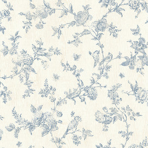 French Nightingale Blue Floral Scroll Wallpaper by Chesapeake