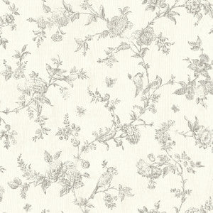French Nightingale Taupe Floral Scroll Wallpaper by Chesapeake