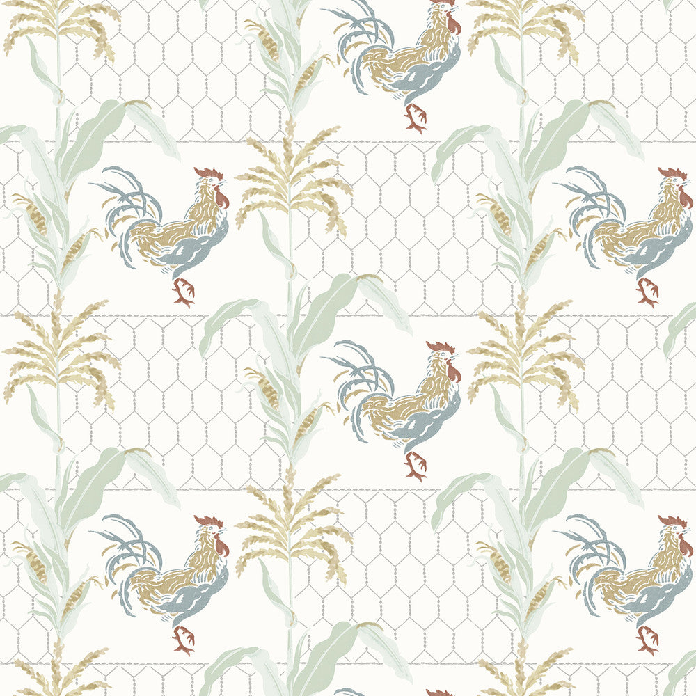 Hank Multicolor Rooster Wallpaper by Chesapeake Kindred Covers about 56.4 square feet 20.5-in by 33-ft long roll Prepasted 20.5 - Fabric Carolina -