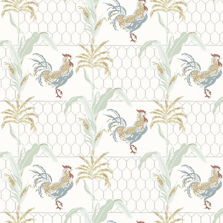 Hank Multicolor Rooster Wallpaper by Chesapeake Kindred Covers about 56.4 square feet 20.5-in by 33-ft long roll Prepasted 20.5 - Fabric Carolina -