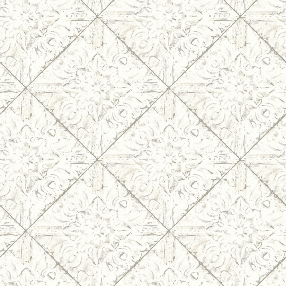 Brandi White Metallic Faux Tile Wallpaper by Chesapeake Kindred Covers about 56.4 square feet 20.5-in by 33-ft long roll Prepasted 20.5 - Fabric Carolina -