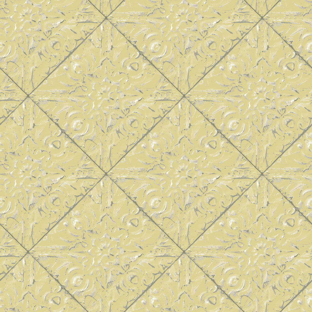 Brandi Yellow Metallic Faux Tile Wallpaper by Chesapeake Kindred Covers about 56.4 square feet 20.5-in by 33-ft long roll Prepasted 20.5 - Fabric Carolina -