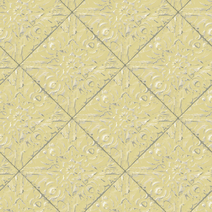 Brandi Yellow Metallic Faux Tile Wallpaper by Chesapeake Kindred Covers about 56.4 square feet 20.5-in by 33-ft long roll Prepasted 20.5 - Fabric Carolina -