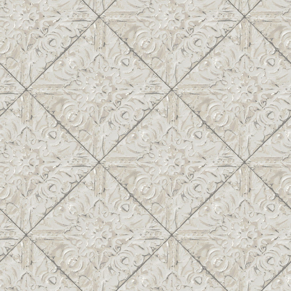 Brandi Grey Metallic Faux Tile Wallpaper by Chesapeake Kindred Covers about 56.4 square feet 20.5-in by 33-ft long roll Prepasted 20.5 - Fabric Carolina -