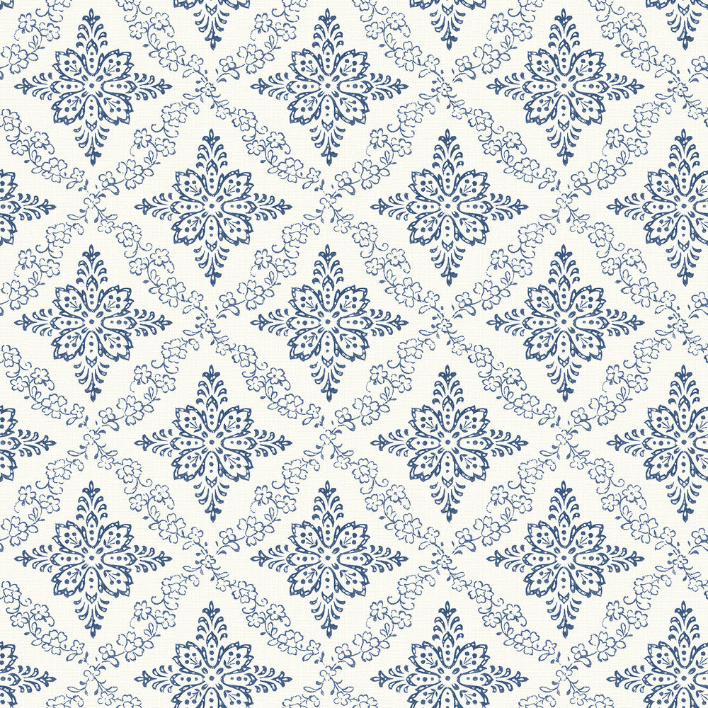 Wynonna Navy Geometric Floral Wallpaper by Chesapeake Kindred Covers about 56.4 square feet 20.5-in by 33-ft long roll Prepasted 20.5 - Fabric Carolina -