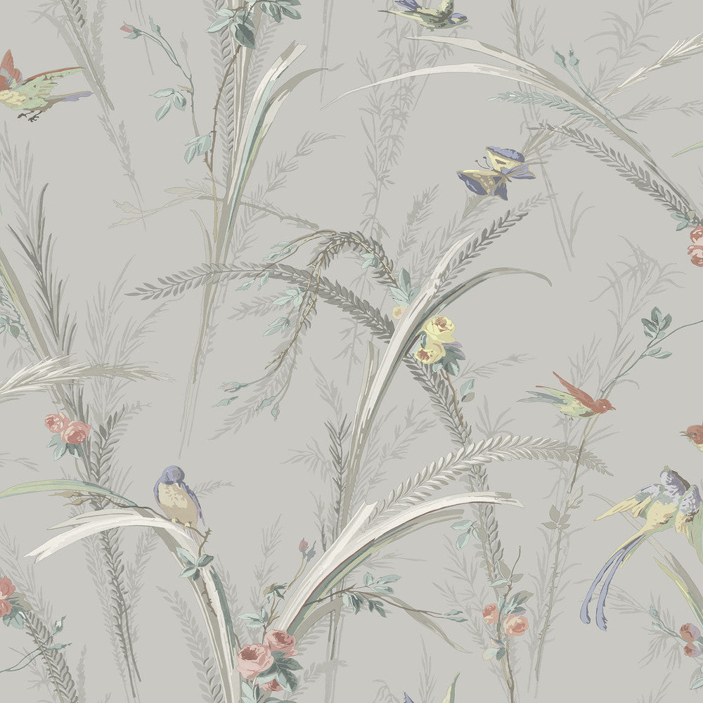 Meadowlark Grey Botanical Wallpaper by Chesapeake Kindred Covers about 56.4 square feet 20.5-in by 33-ft long roll Prepasted 20.5 - Fabric Carolina -